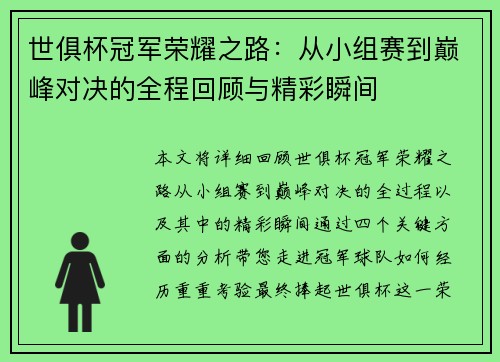 世俱杯冠军荣耀之路：从小组赛到巅峰对决的全程回顾与精彩瞬间