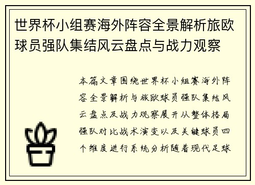世界杯小组赛海外阵容全景解析旅欧球员强队集结风云盘点与战力观察